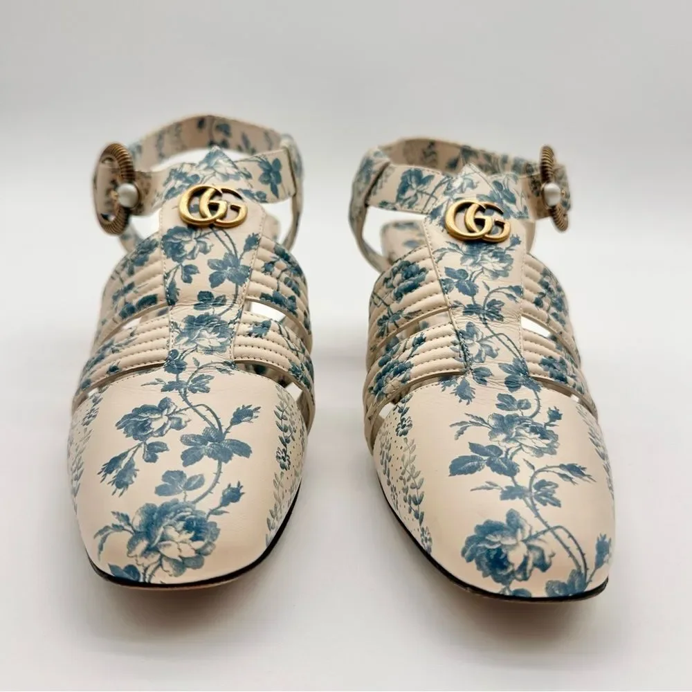 Gucci Gea GG Mid Heel Buds/Floral Blue Leather T-Strap  Sandal Pump EU37.5 US7.5 - Picture 6 of 13